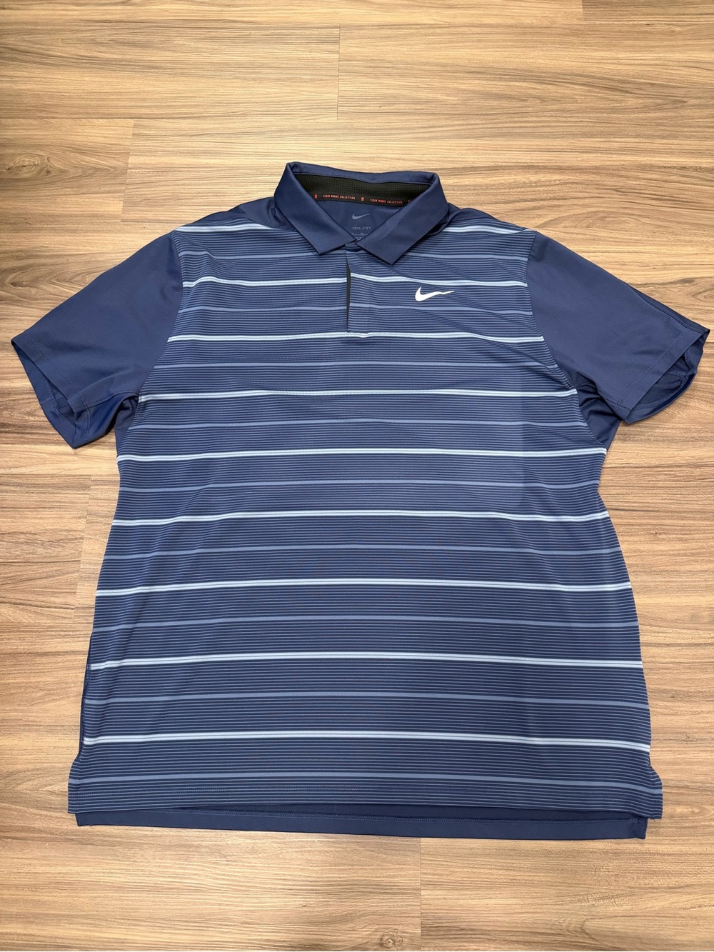 Nike Men’s Navy and Light Blue Striped Dri-FIT Polo